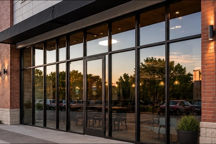 Commercial storefront with black aluminum framing and glass entry doors