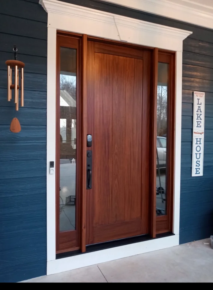 Wood entry door with full-height sidelights