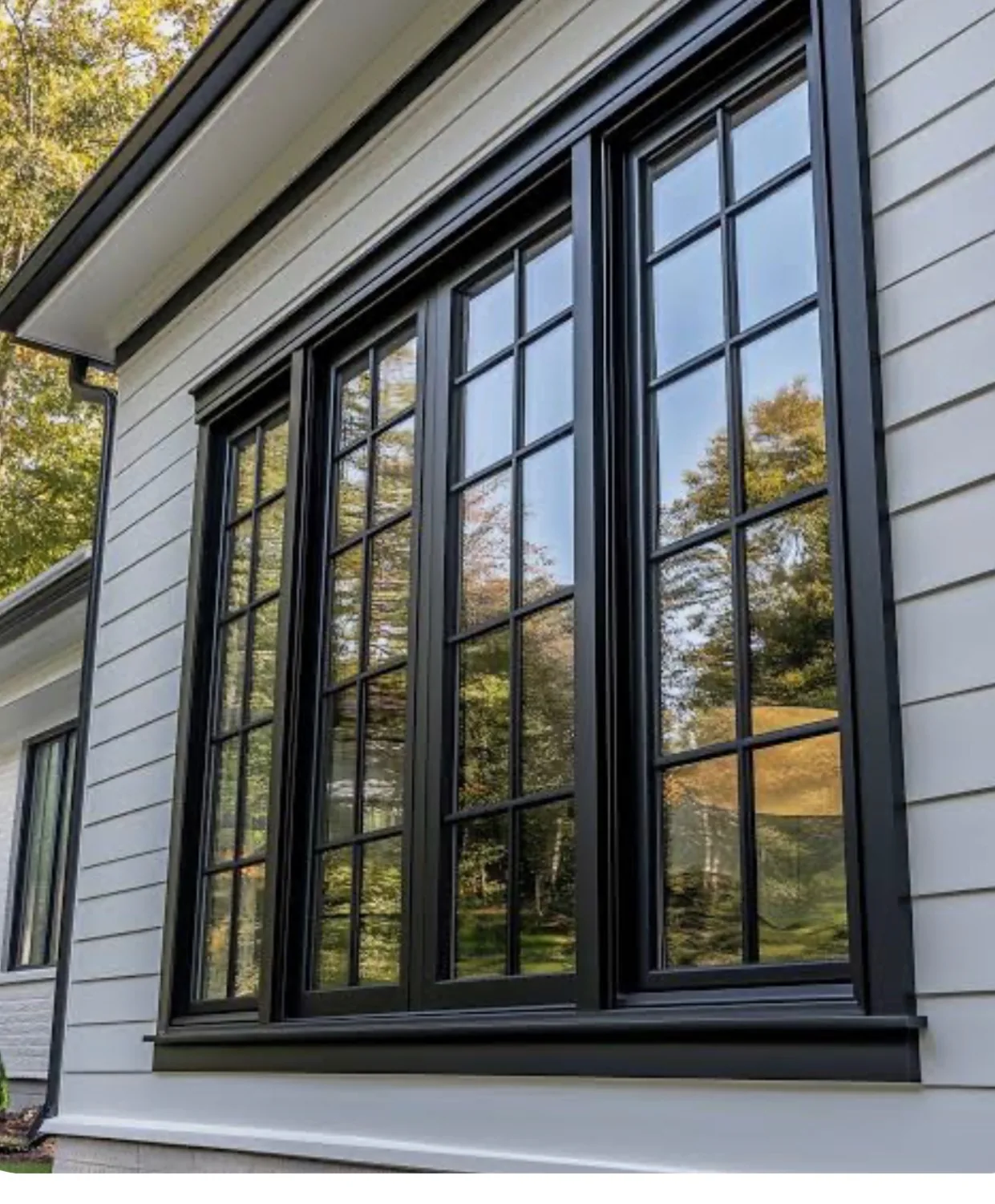 Black framed residential windows installed on a white home